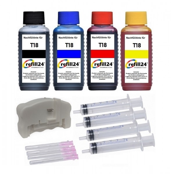 refill24 Nachfüllset 400 ml Nachfülltinte + Chipresetter für Epson Tintenpatronen T18, T18XL