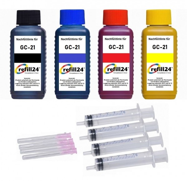 refill24 Nachfüllset für Ricoh Tintenpatronen GC-21 black, cyan, magenta, yellow - 4 x 100 ml Tinte