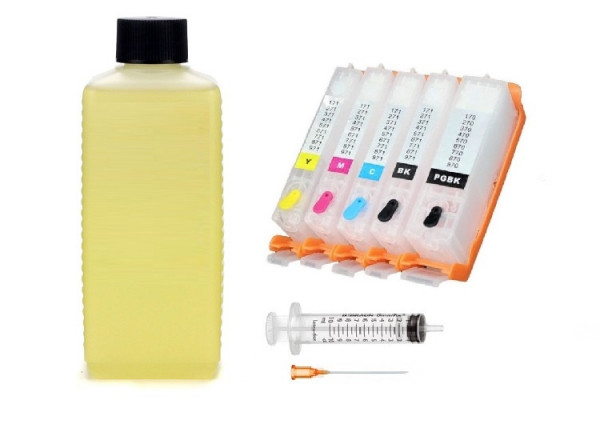 Reinigungspatronen - 5 wiederbefüllbare Patronen Canon PGI-570 &amp; CLI-571 + 500 ml Druckkopf-Reiniger