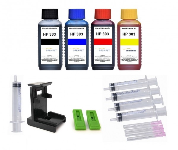 Nachfüllset für HP 303 (XL) black + color Tintenpatronen - 4 x 100 ml Sensient Tinte + Zubehör