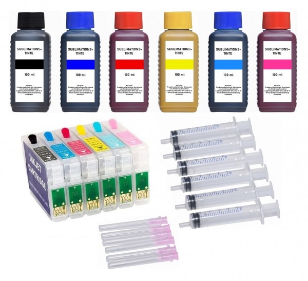Wiederbefüllbare Tintenpatronen wie Epson T0801-T0806 + 6 x 100 ml Sublimationstinte