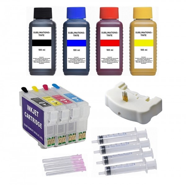 Wiederbefüllbare Tintenpatronen Epson 604XL + Chipresetter + 400 ml Sublimationstinte