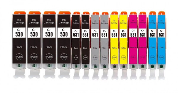 14 kompatible Druckerpatronen Canon PGI-530 &amp; CLI-531 schwarz, cyan, magenta, gelb, grau
