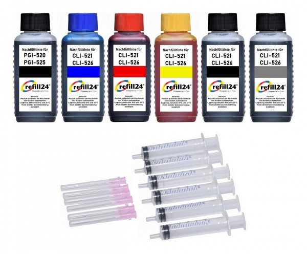 refill24 Nachfüllset für Canon Tintenpatronen PGI-520, CLI-521, PGI-525, CLI-526 - 6 x 100 ml Tinte