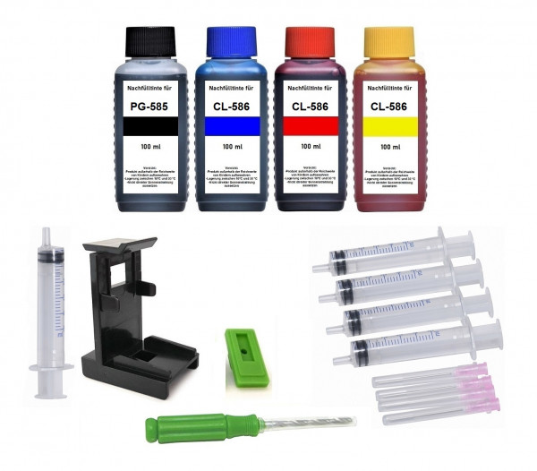 Nachfüllset für Canon PG-585 (XL) + CL-586 (XL) Druckerpatronen - 4 x 100 ml Druckertinte + Zubehör