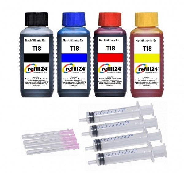 refill24 Nachfüllset für Epson Tintenpatronen T1801-T1804, T1811-T1814, T18XL - 4 x 100 ml Tinte