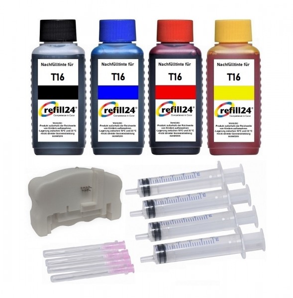 refill24 Nachfüllset 400 ml Nachfülltinte + Chipresetter für Epson Tintenpatronen T16, T16XL