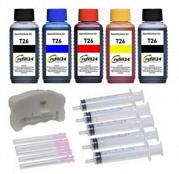 refill24 Nachfüllset 500 ml Nachfülltinte + Chipresetter für Epson Tintenpatronen T26, T26XL