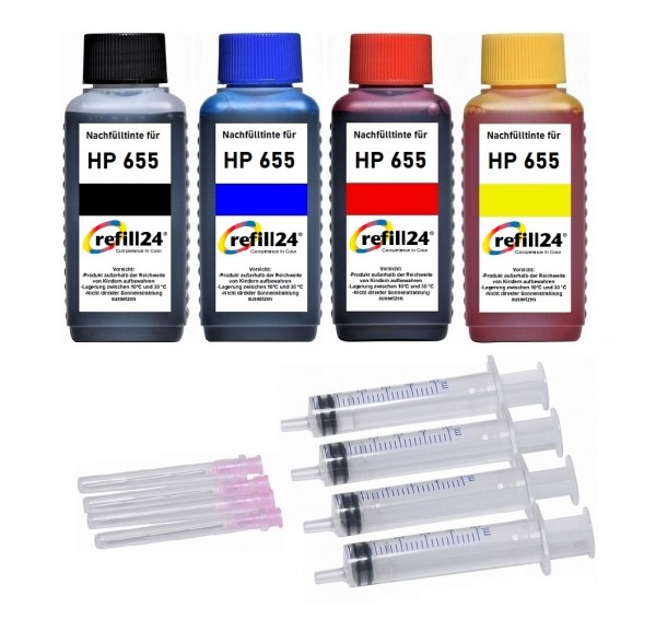 refill24 Nachfüllset für HP 655 (XL) black, cyan, magenta, yellow Druckerpatronen - 4 x 100 ml Tinte