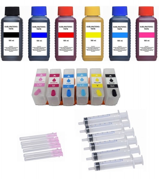 Wiederbefüllbare Tintenpatronen Epson 378XL + 6 x 100 ml Sublimationstinte