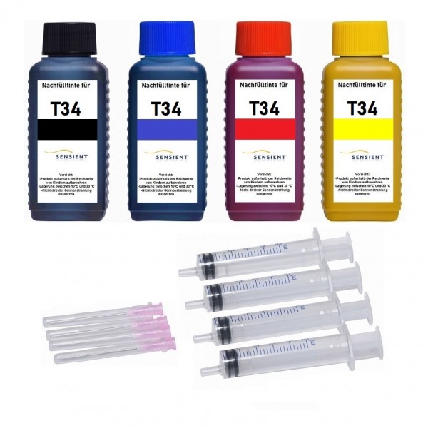 Nachfüllset für Epson Tintenpatronen T3461-T3464, T3471-T3474, T34 XL - 4 x 100 ml Sensient Tinte