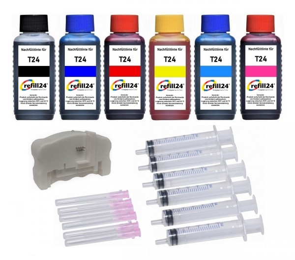 refill24 Nachfüllset 600 ml Nachfülltinte + Chipresetter für Epson Tintenpatronen T24, T24XL