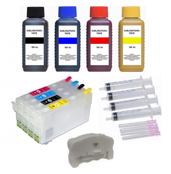 Wiederbefüllbare Tintenpatronen Epson 405XL + Chipresetter + 400 ml Sublimationstinte