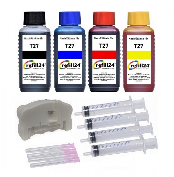 refill24 Nachfüllset 400 ml Nachfülltinte + Chipresetter für Epson Tintenpatronen T27, T27XL