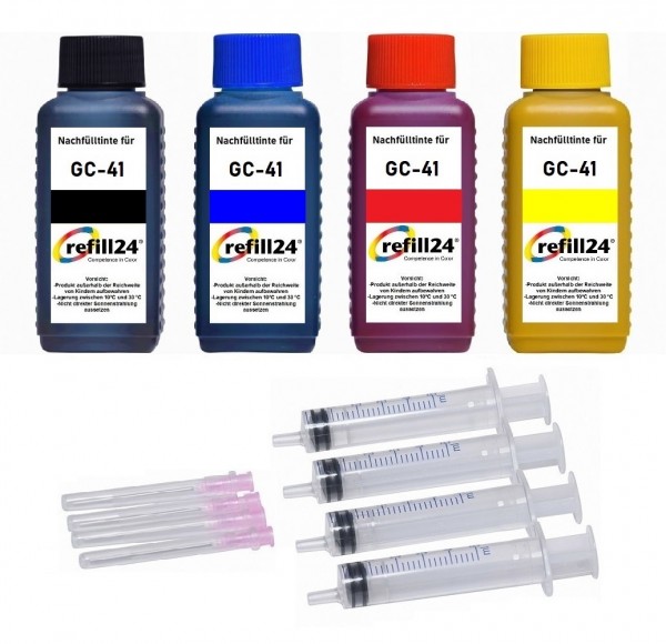refill24 Nachfüllset für Ricoh Tintenpatronen GC-41 black, cyan, magenta, yellow - 4 x 100 ml Tinte