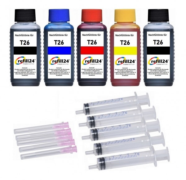 refill24 Nachfüllset für Epson Tintenpatronen T2621 + T2631 - T2634, T26XL - 500 ml Tinte + Zubehör