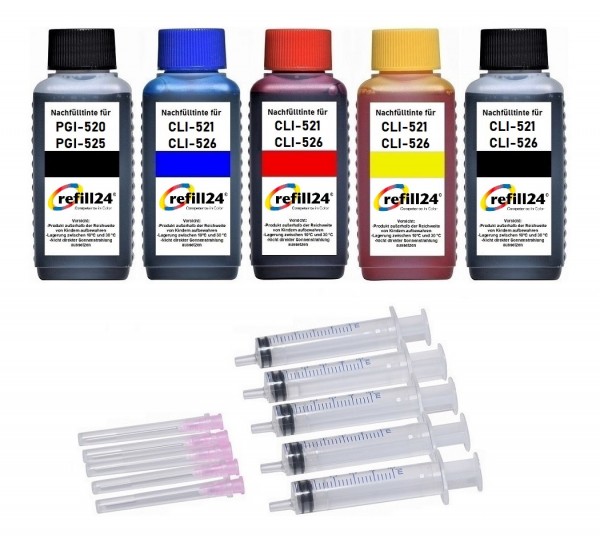 refill24 Nachfüllset für Canon Tintenpatronen PGI-520, CLI-521, PGI-525, CLI-526 - 5 x 100 ml Tinte