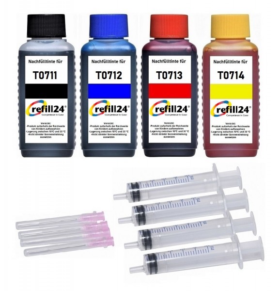 refill24 Nachfüllset für Epson Tintenpatronen T0711-T0714, T0611-T0614 - 4 x 100 ml Nachfülltinte