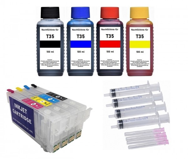 Wiederbefüllbare Tintenpatronen wie Epson T3591-T3594, T35XL + 400 ml Nachfülltinte