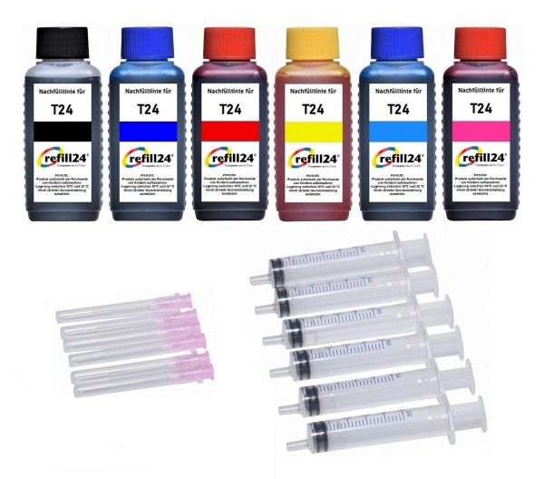 refill24 Nachfüllset für Epson Tintenpatronen T2421-T2426, T2431-T2436, T24XL - 6 x 100 ml Tinte