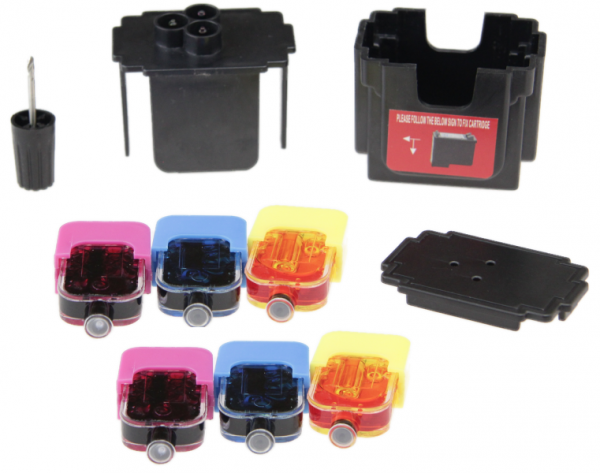 Easy Refill Befülladapter + Nachfüllset für HP 57 color (XL) Druckerpatronen HP C6657AE, C6656GE