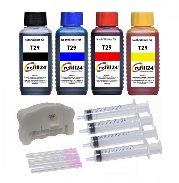 refill24 Nachfüllset 400 ml Nachfülltinte + Chipresetter für Epson Tintenpatronen T29, T29XL