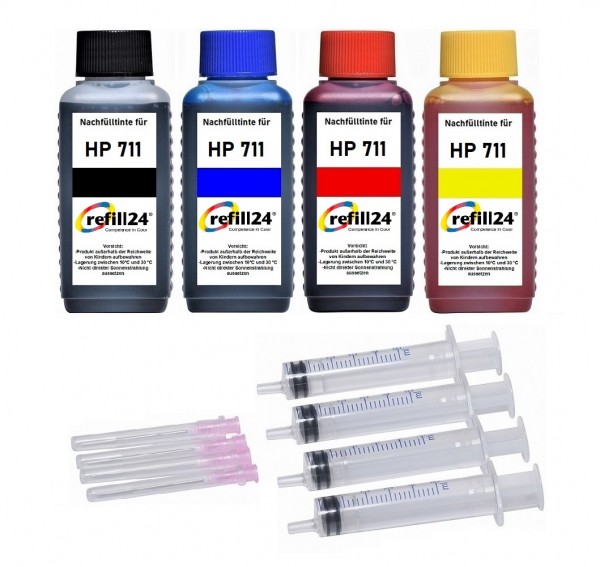 refill24 Nachfüllset für HP 711 (XL) black, cyan, magenta, yellow Druckerpatronen - 4 x 100 ml Tinte